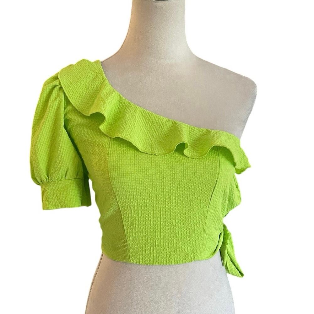 Mengsi NWT Lime Green One Shoulder Ruffle Crop Top Seersucker Side Tie Blouse